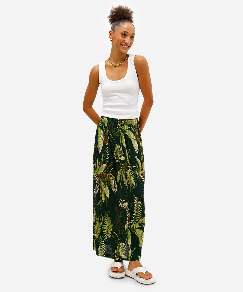 saia longa feminina folhagens plissada verde