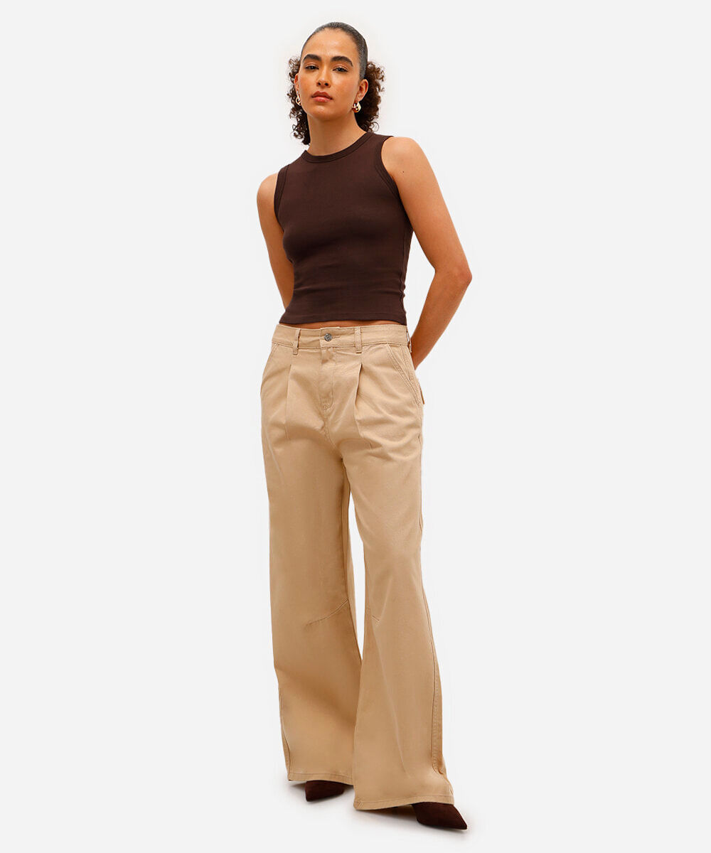 calça skater feminino de sarja cintura média bege
