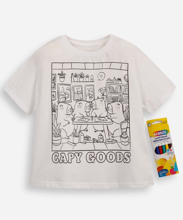 camiseta infantil capygoods com brinde canetinhas laváveis off white 10