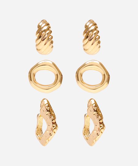 kit de 3 brincos texturizados dourado UNICO