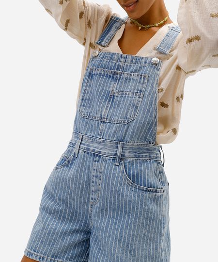 jardineira curta feminina jeans listrada azul 40 jardineira curta feminina jeans listrada azul 40