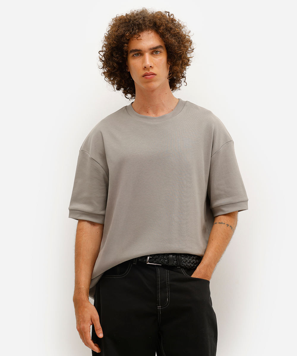 camiseta oversized masculina de algodão manga curta cinza