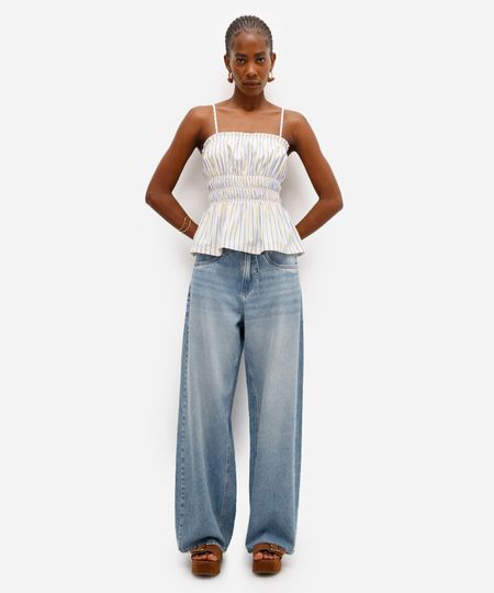calça oversized feminina jeans destroyed com faixa azul 36