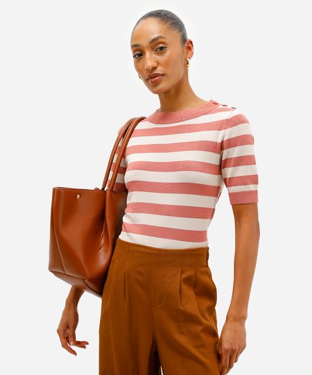 blusa feminina de tricot listrada rosa GG
