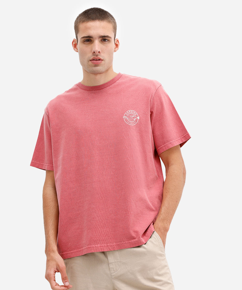 camiseta masculina de algodão estonada e estampada vermelha