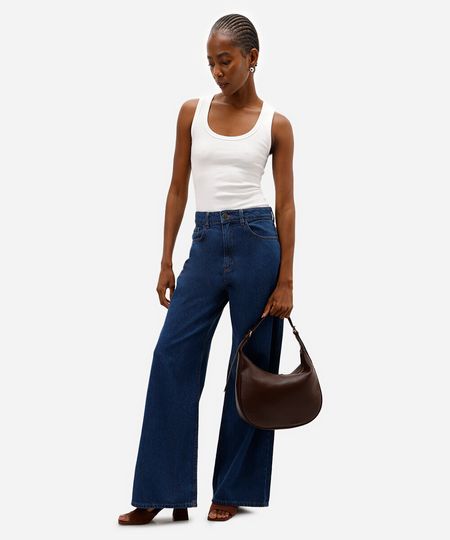 calça wide leg feminina jeans cintura alta azul 42