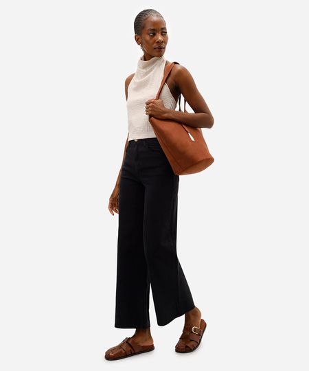 calça wide leg de sarja cintura alta preta 42