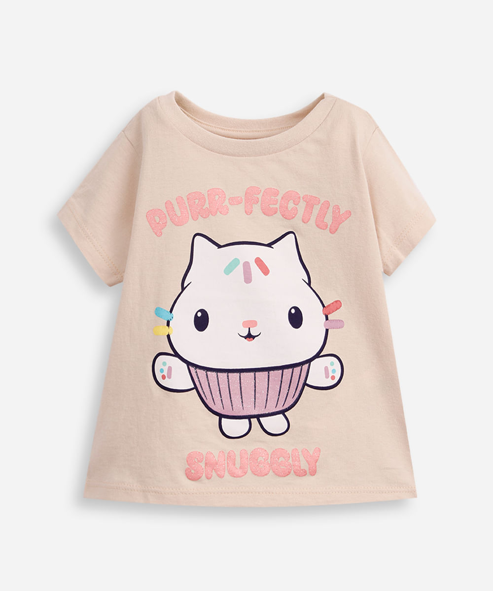 camiseta infantil de algodão gabby gatinho hello bege