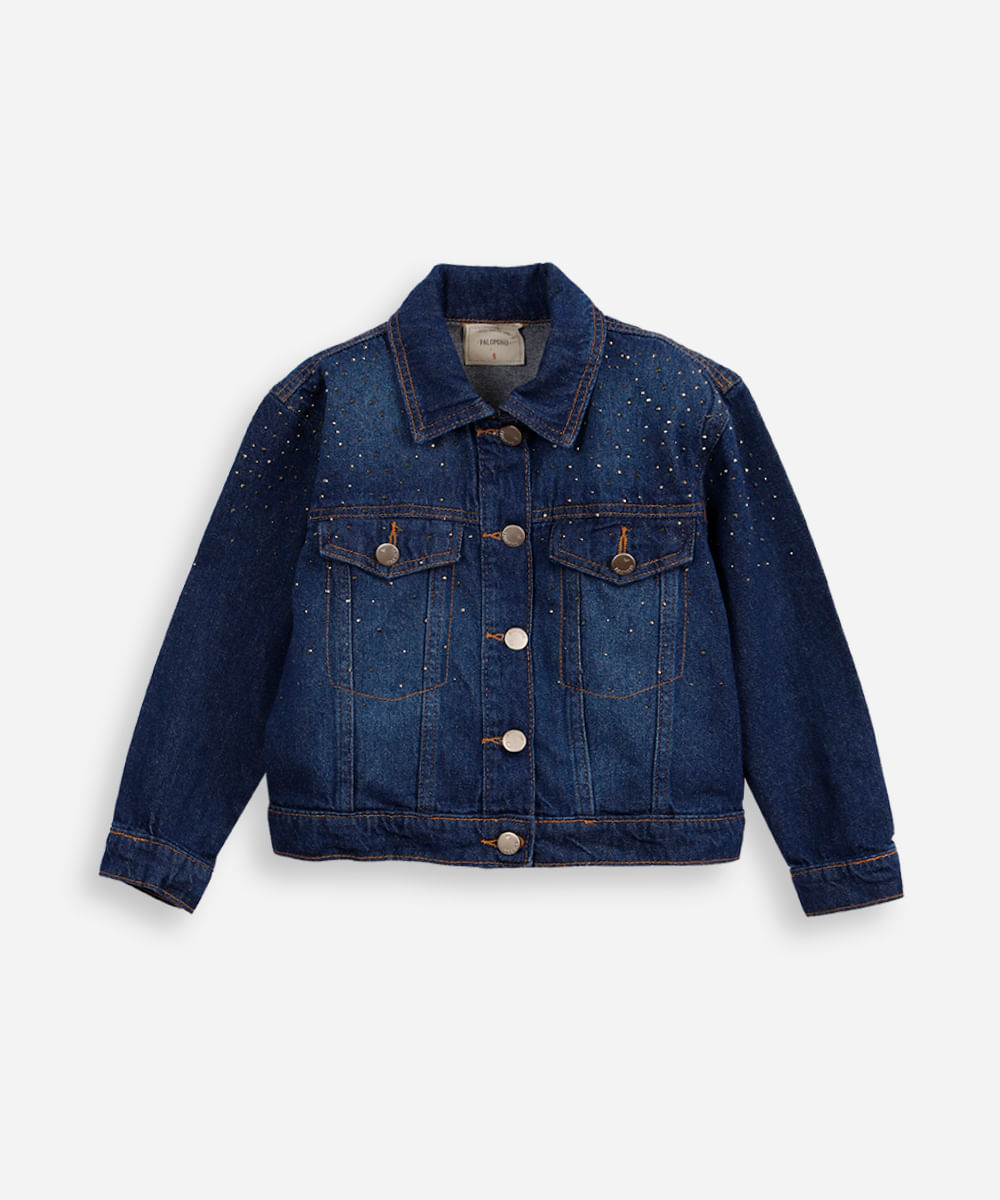 jaqueta infantil jeans trucker com brilho azul