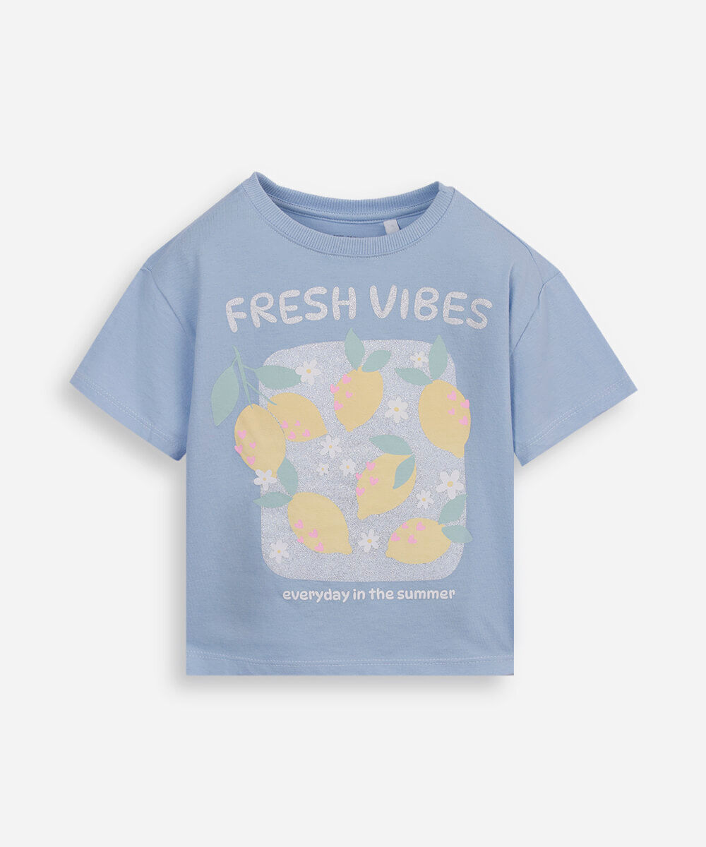 camiseta de algodão infantil manga curta estampa com glitter azul