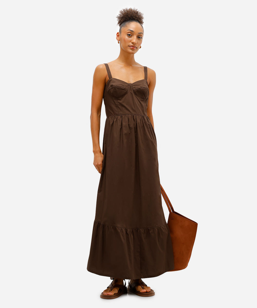vestido longo feminino de algodão alça fina com recortes marrom