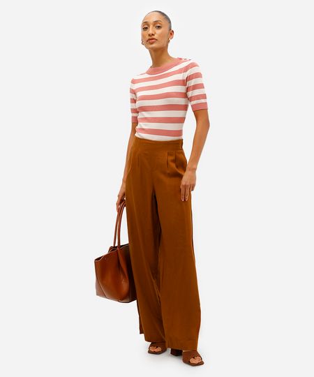 calça wide leg feminina com pences e linho marrom 38 calça wide leg feminina com pences e linho marrom 38