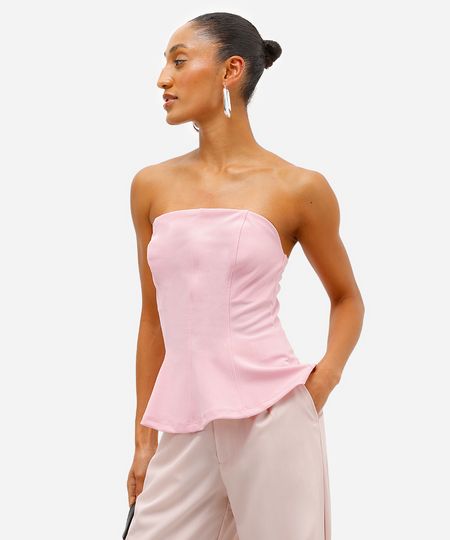 blusa peplum feminina sem alça texturizada rosa P