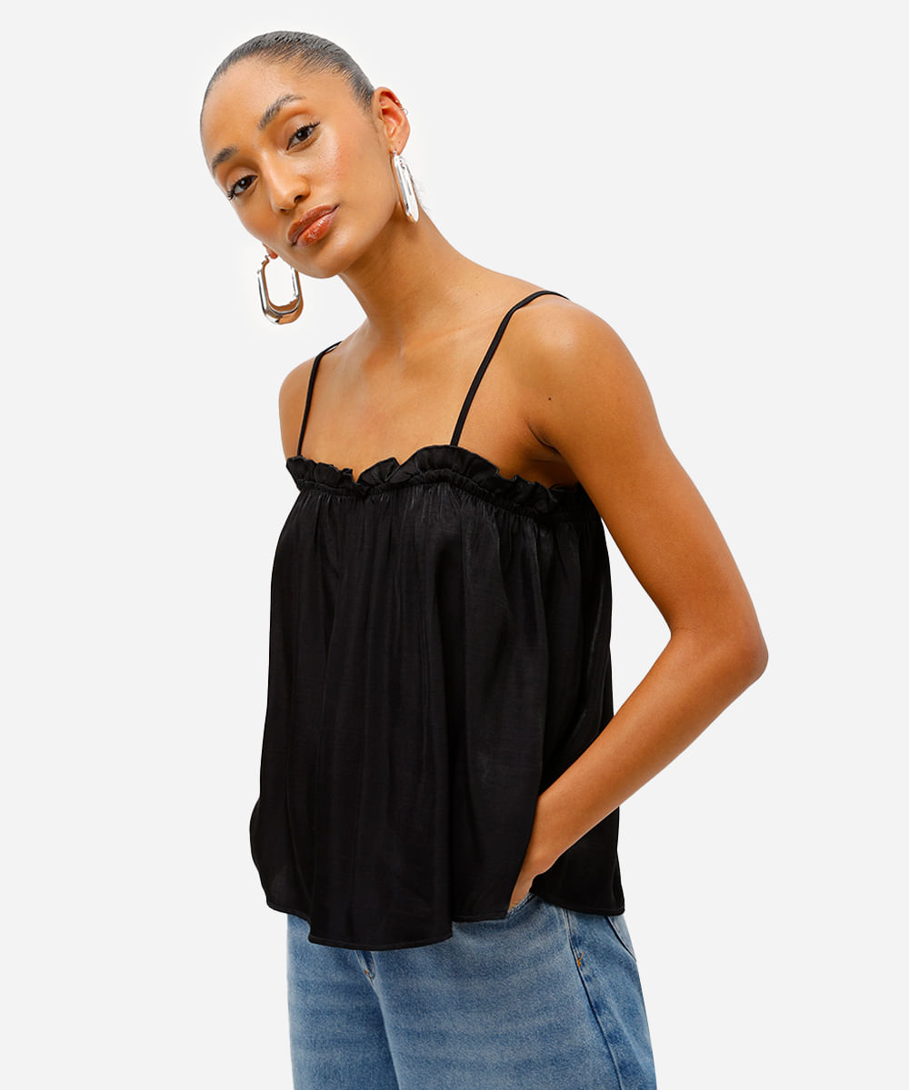 blusa feminina franzida alça fina acetinada preta
