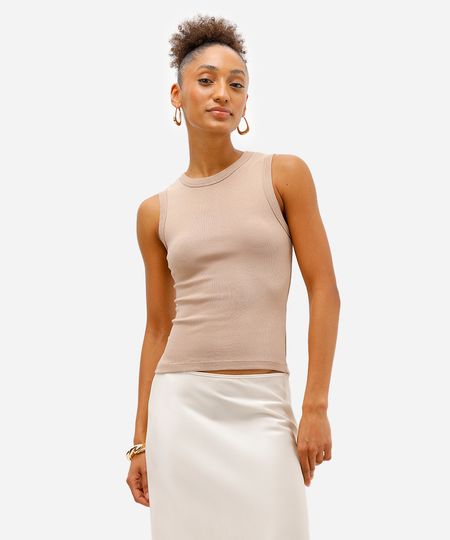 regata básica feminina de algodão decote redondo bege PP regata básica feminina de algodão decote redondo bege PP