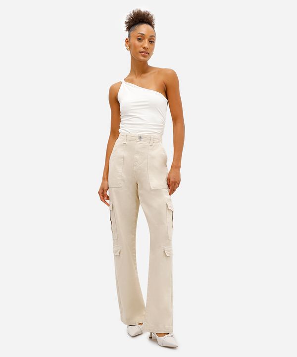 calça feminina sarja cintura alta cargo multibolsos bege 44