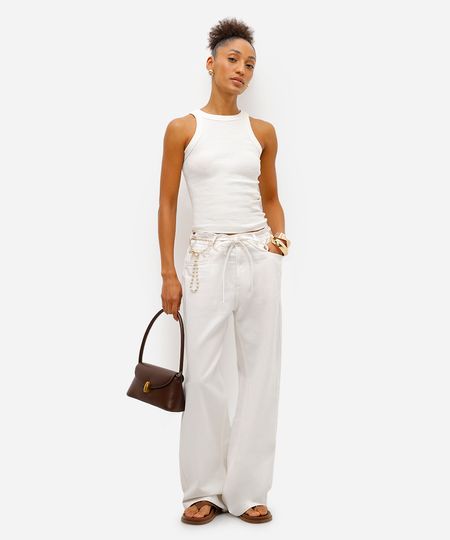 calça oversized feminina de sarja com cordão off white 36 calça oversized feminina de sarja com cordão off white 36