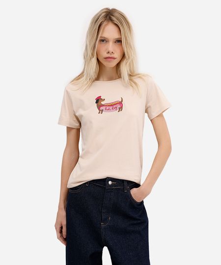 camiseta feminina de algodão manga curta hot dog bege M