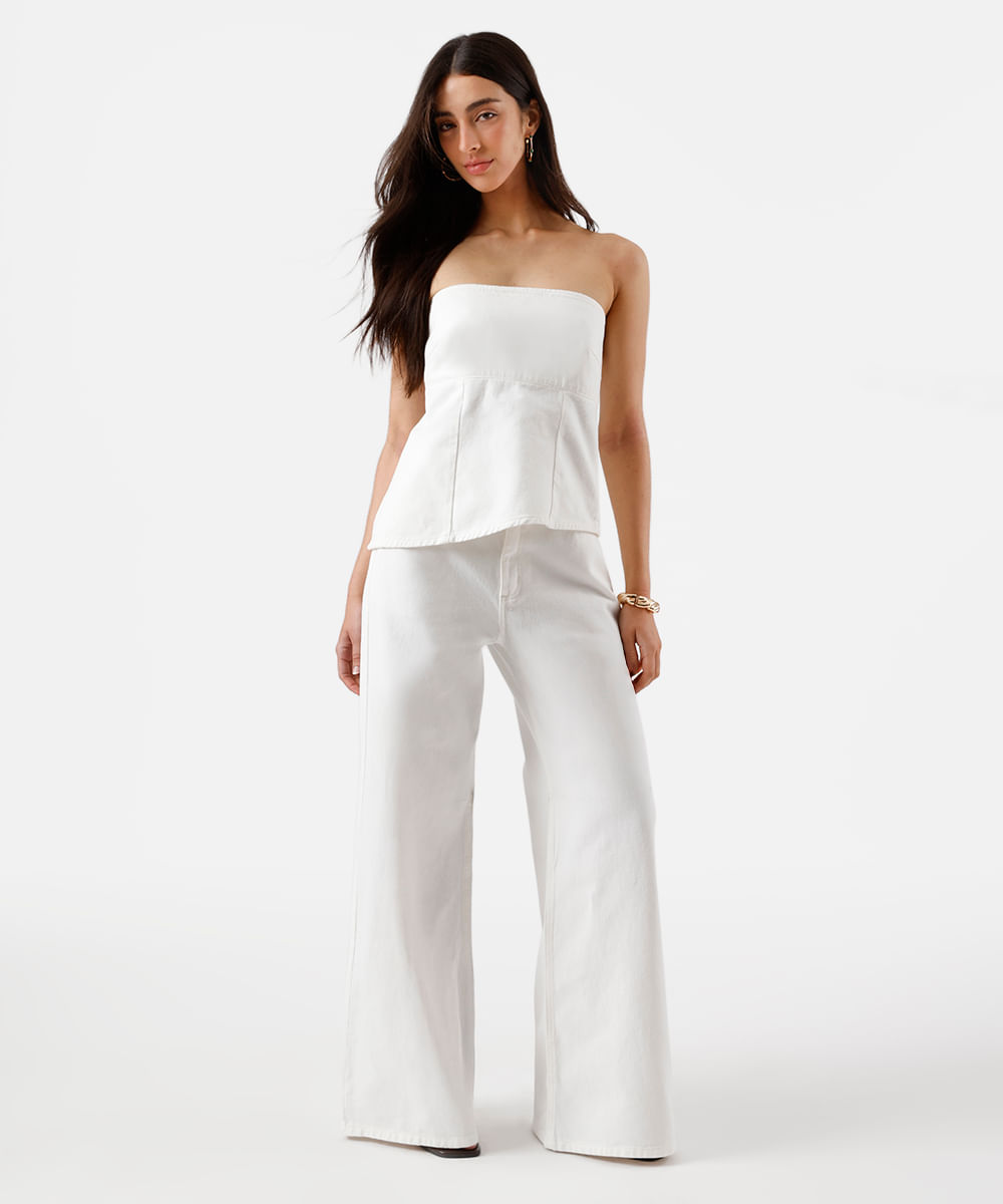 calça wide leg feminina de sarja cintura alta off white