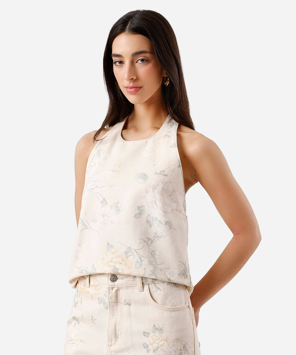 blusa frente única feminina de sarja floral bege