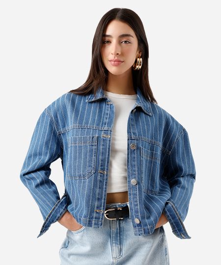jaqueta feminina jeans com bolsos listrada azul PP jaqueta feminina jeans com bolsos listrada azul PP
