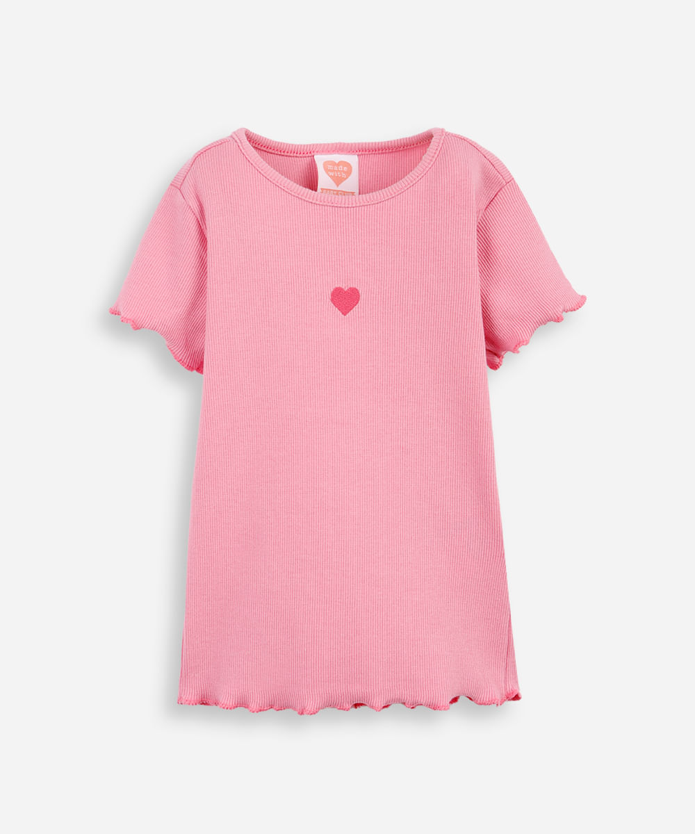 camiseta infantil ribana bordado rosa