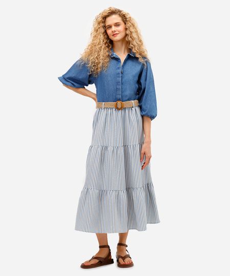 saia midi feminino com linho e cinto listrada azul 38 saia midi feminino com linho e cinto listrada azul 38