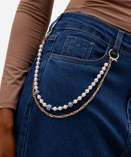 chaveiro bag charm com pérolas e corrente dourado UNICO