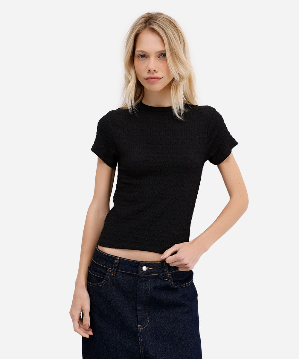 blusa baby look feminina básica texturizada preta