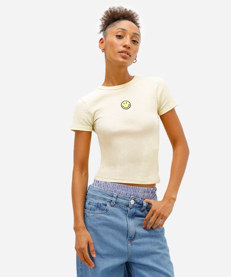 blusa baby look feminina de algodão canelada smiley amarela PP blusa baby look feminina de algodão canelada smiley amarela PP