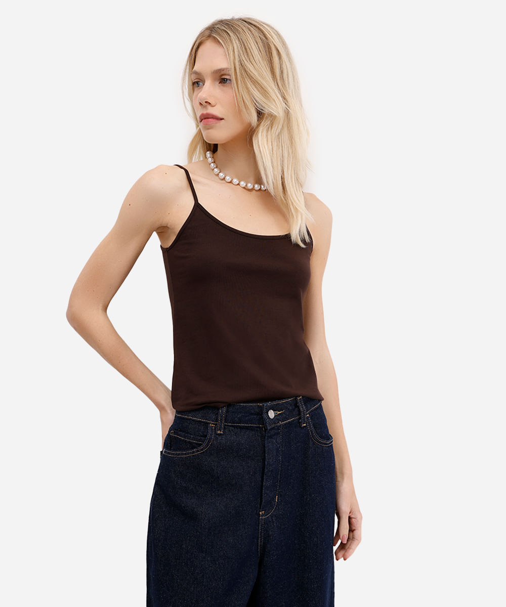 regata básica feminina de algodão peruano alça fina marrom