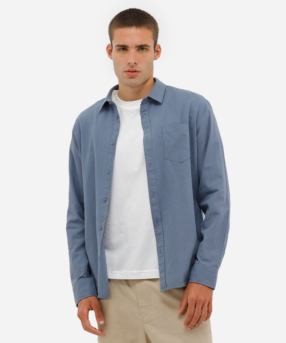 camisa comfort com linho manga longa azul