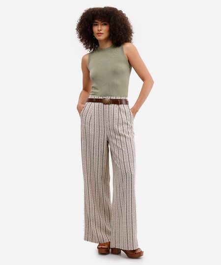 calça feminina wide leg viscolinho estampado bege 34