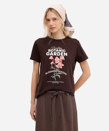 camiseta feminina de algodão floral marrom PP