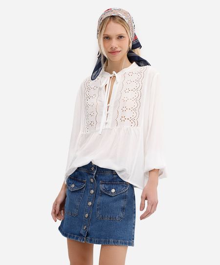 bata feminina de viscose com laise texturizada off white M