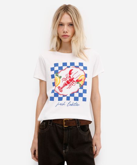 camiseta feminina de algodão manga curta lagosta off white PP camiseta feminina de algodão manga curta lagosta off white PP