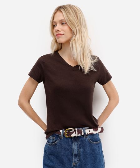 camiseta feminina flamê de algodão básica manga curta decote v marrom PP camiseta feminina flamê de algodão básica manga curta decote v marrom PP