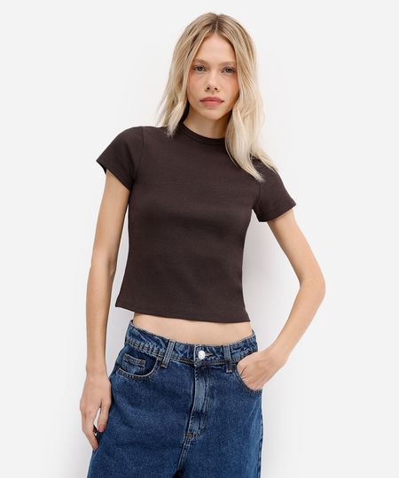 blusa feminina de algodão canelada manga curta marrom PP blusa feminina de algodão canelada manga curta marrom PP