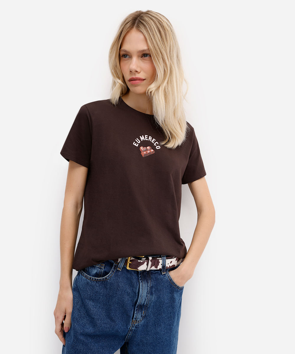 camiseta feminina de algodão eu mereço marrom