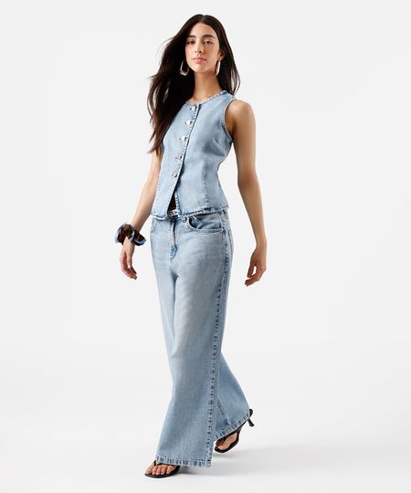 calça wide leg feminina jeans com cinto azul 36