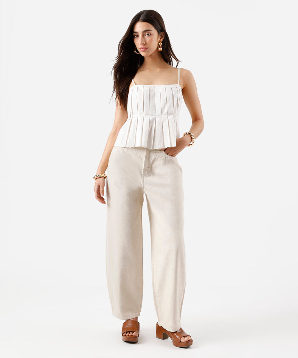 calça baggy feminina de sarja cintura ajustável bege