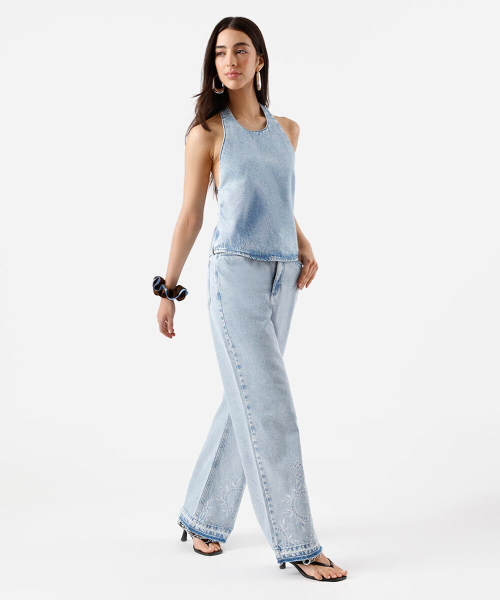 calça wide leg slim feminina jeans bordada azul