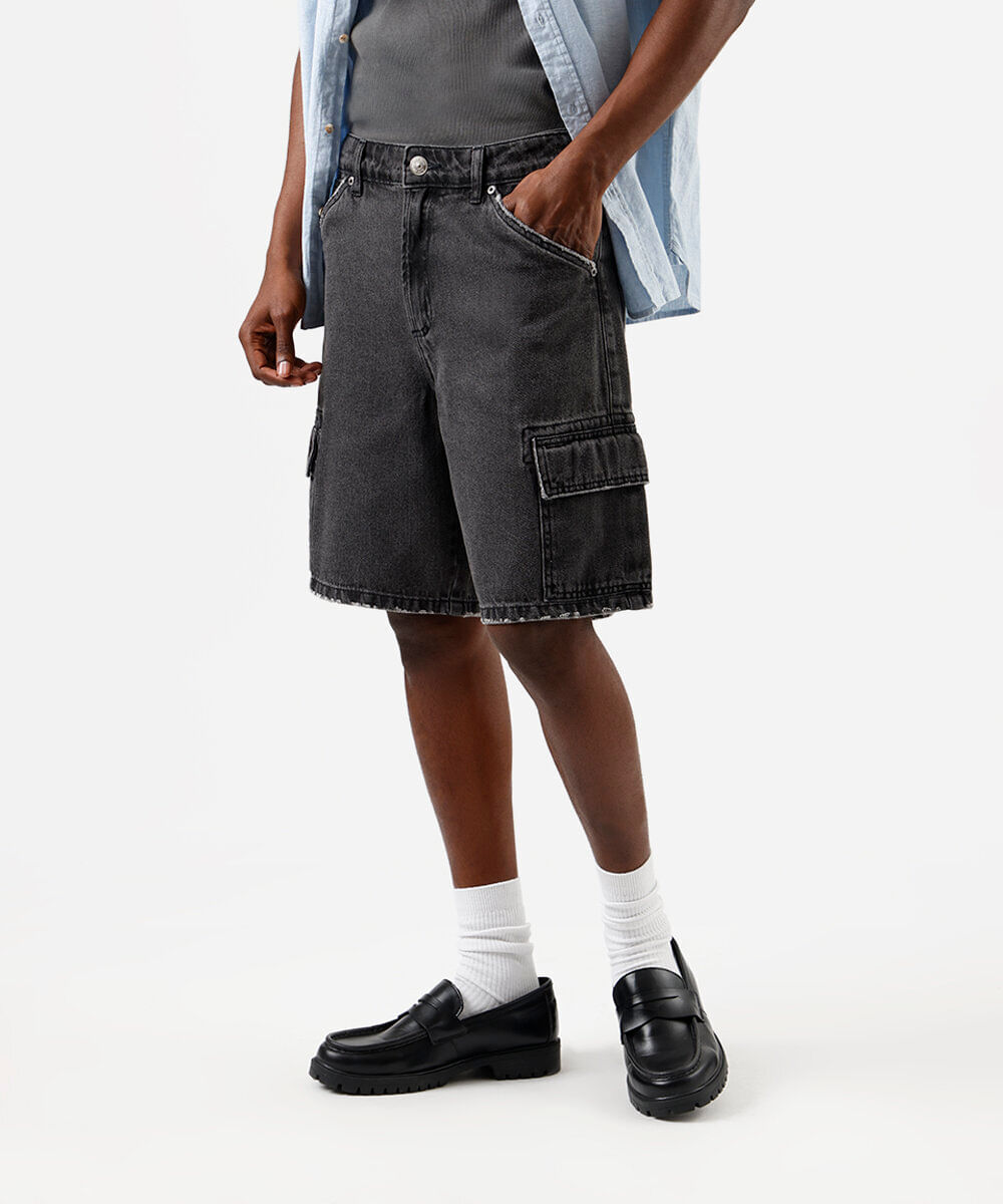 bermuda cargo masculina jeans preta