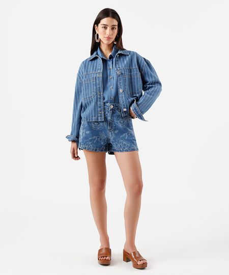 short mom feminino jeans com recorte floral azul 42 short mom feminino jeans com recorte floral azul 42