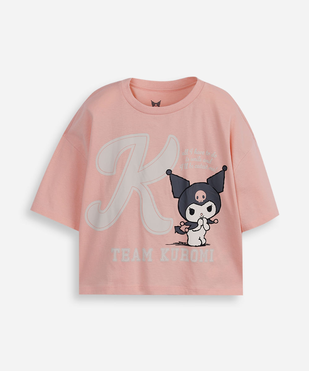 camiseta juvenil de algodão manga curta kuromi rosa