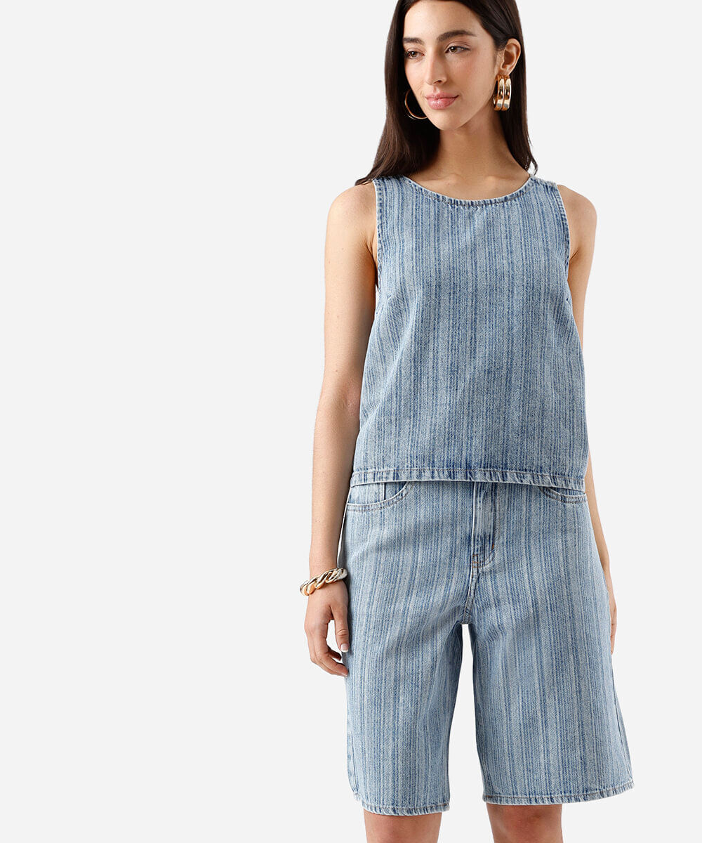 bermuda jorts feminina jeans listrada azul