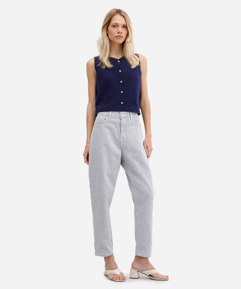 calça mom feminina sarja cintura super alta listrada azul