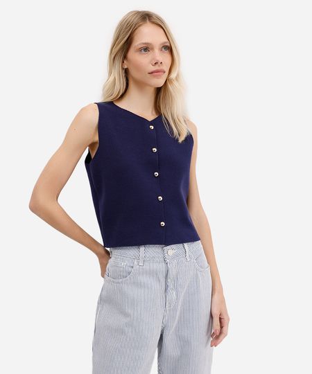 colete feminino de tricot com botões azul P