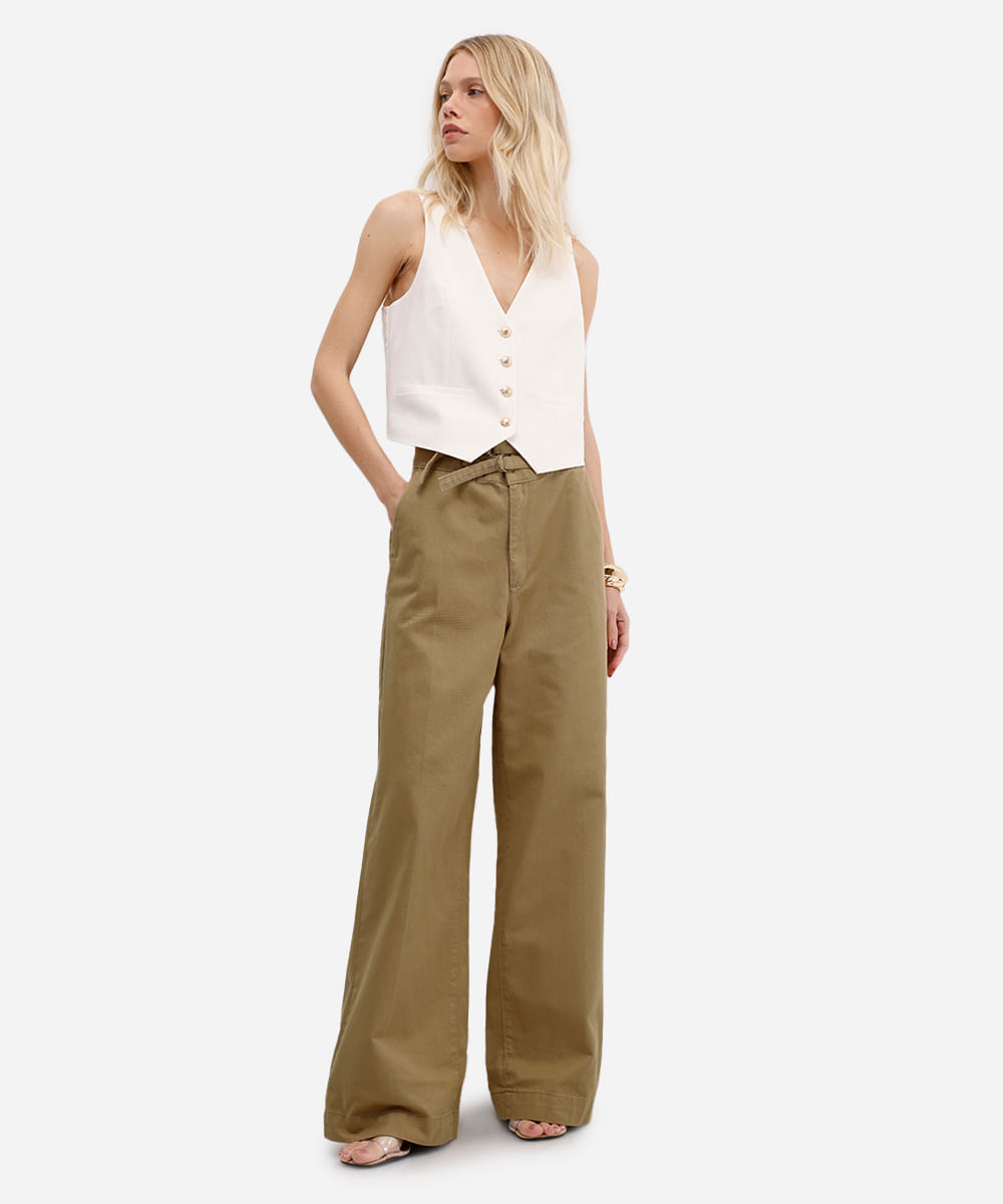 calça wide leg feminina de sarja bege