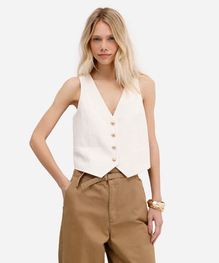 colete feminino de alfaiataria com linho off white PP